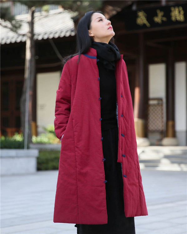 Women Retro Style Middle Length Linen and Cotton Quilted Stand Collar Coat