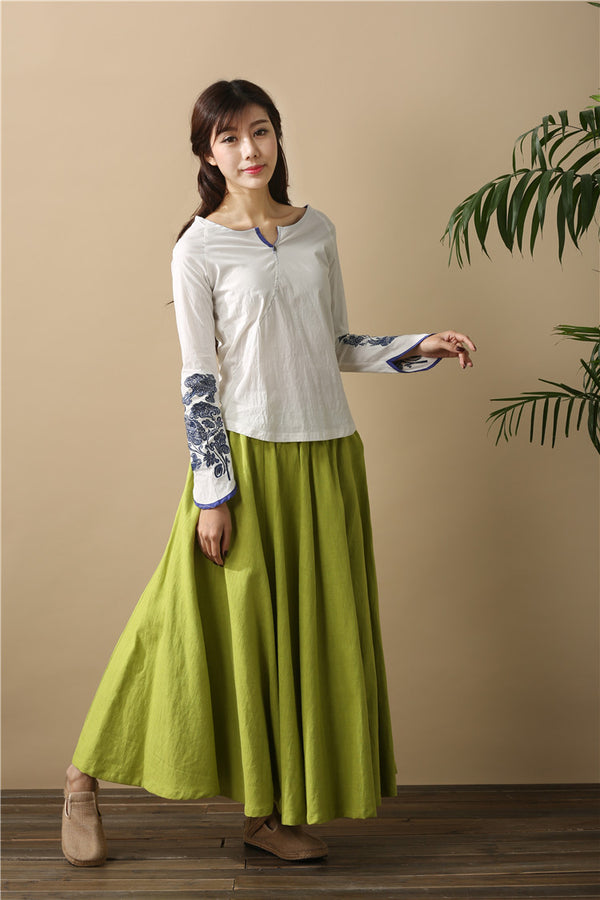 Women Retro Pure Color Loose Linen and Cotton Ankle Length Skirt