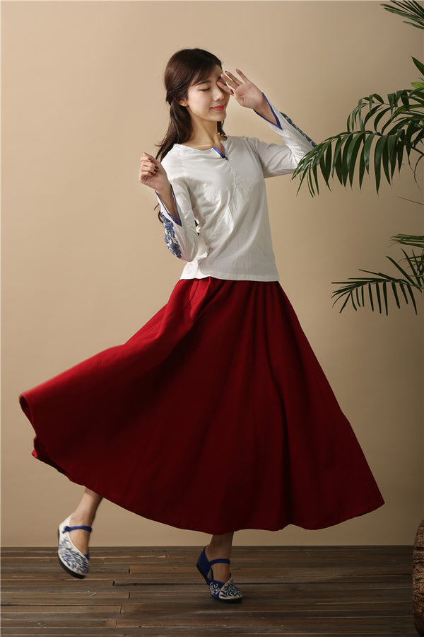 Women Retro Pure Color Loose Linen and Cotton Ankle Length Skirt