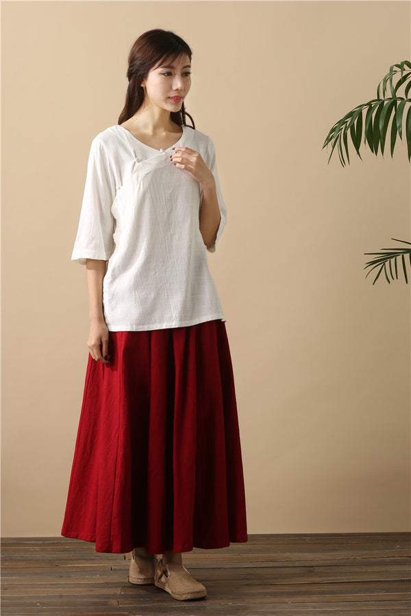 Women Retro Pure Color Loose Linen and Cotton Ankle Length Skirt