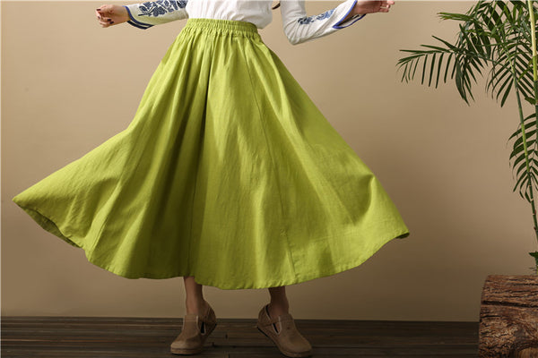 Women Retro Pure Color Loose Linen and Cotton Ankle Length Skirt