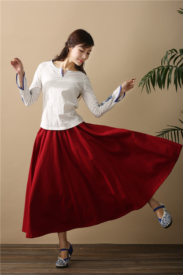 Women Retro Pure Color Loose Linen and Cotton Ankle Length Skirt