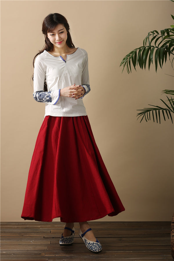 Women Retro Pure Color Loose Linen and Cotton Ankle Length Skirt