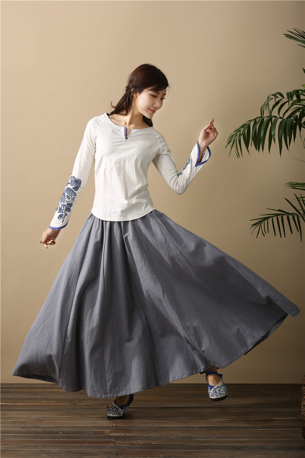 Women Retro Pure Color Loose Linen and Cotton Ankle Length Skirt