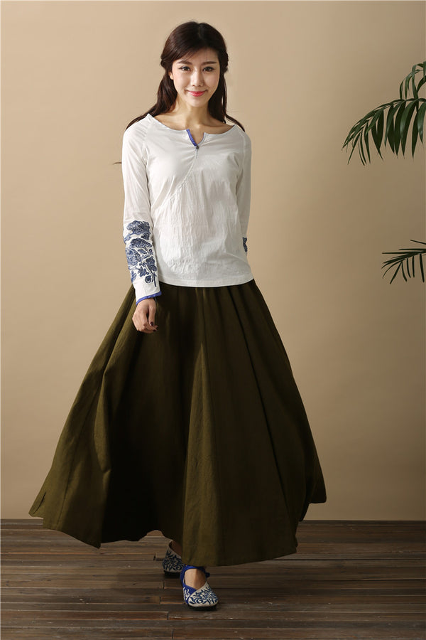 Women Retro Pure Color Loose Linen and Cotton Ankle Length Skirt