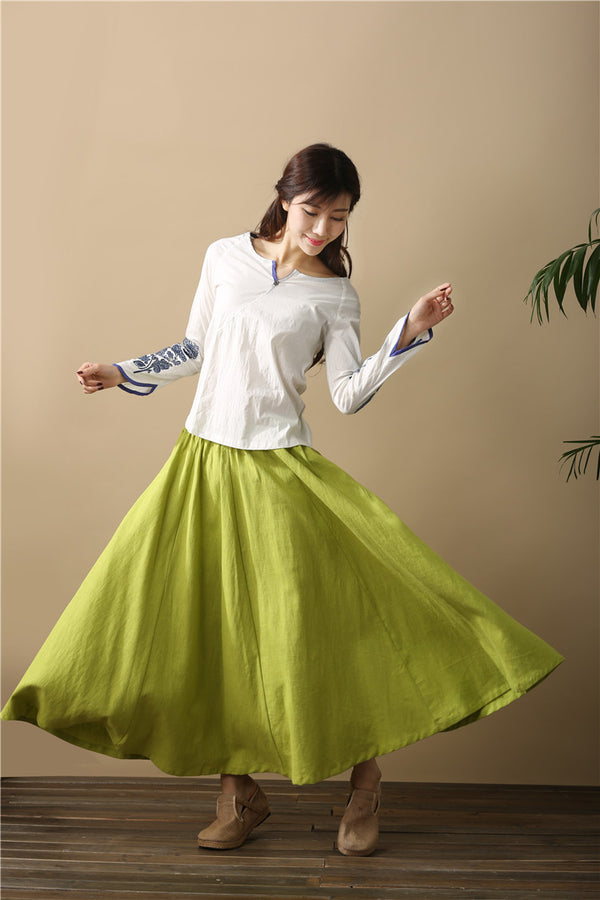 Women Retro Pure Color Loose Linen and Cotton Ankle Length Skirt