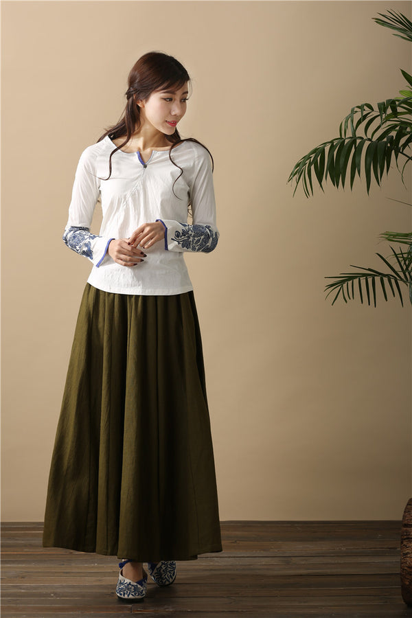 Women Retro Pure Color Loose Linen and Cotton Ankle Length Skirt