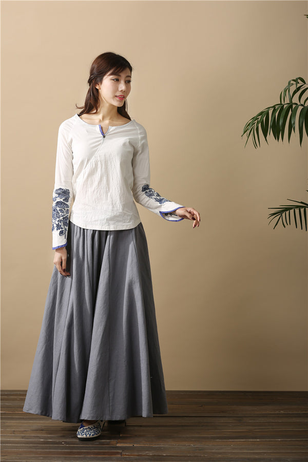 Women Retro Pure Color Loose Linen and Cotton Ankle Length Skirt