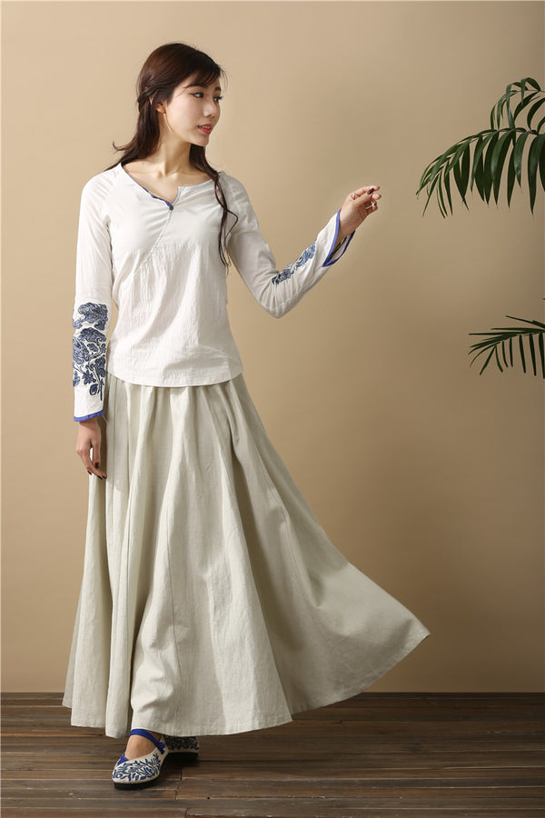 Women Retro Pure Color Loose Linen and Cotton Ankle Length Skirt