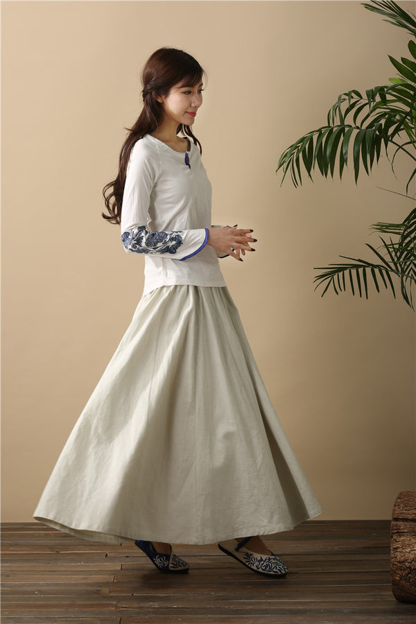 Women Retro Pure Color Loose Linen and Cotton Ankle Length Skirt