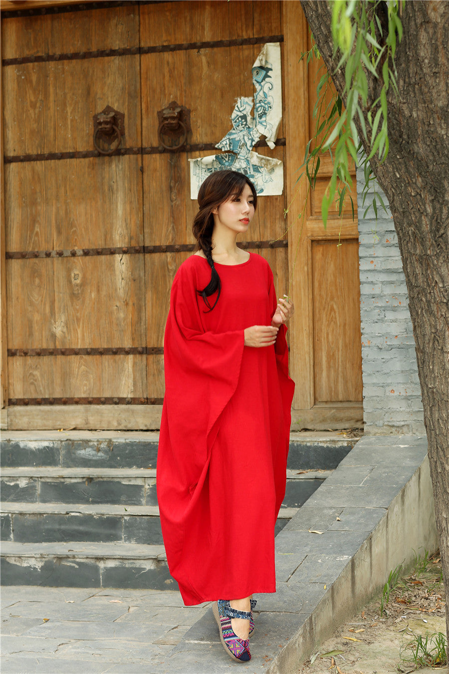Women Eastern Style Ankle Length Butterfly Type Linen and Cotton Dress Green Women Eastern Style Ankle Length Butterfly Type Linen and Cotton Dress Green