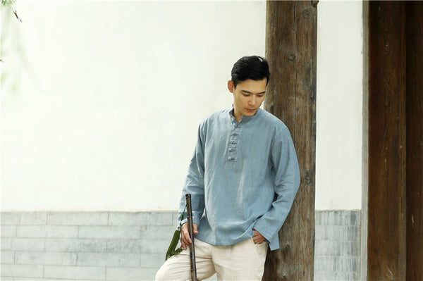 Men Round Neck Loose Long-sleeved Linen and Cotton Tops