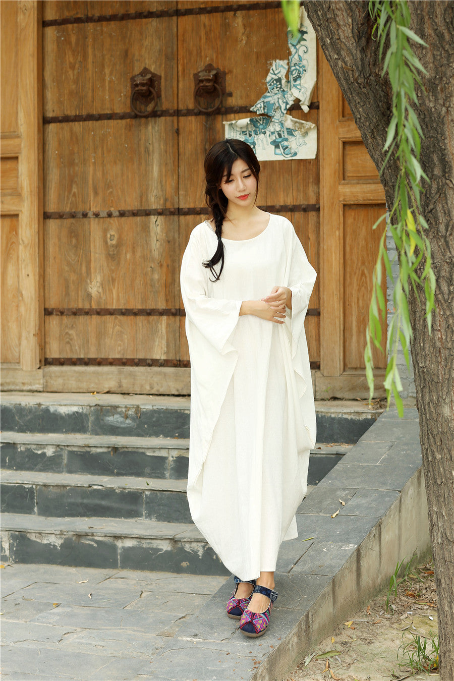 Women Eastern Style Ankle Length Butterfly Type Linen and Cotton Dress White Women Eastern Style Ankle Length Butterfly Type Linen and Cotton Dress White