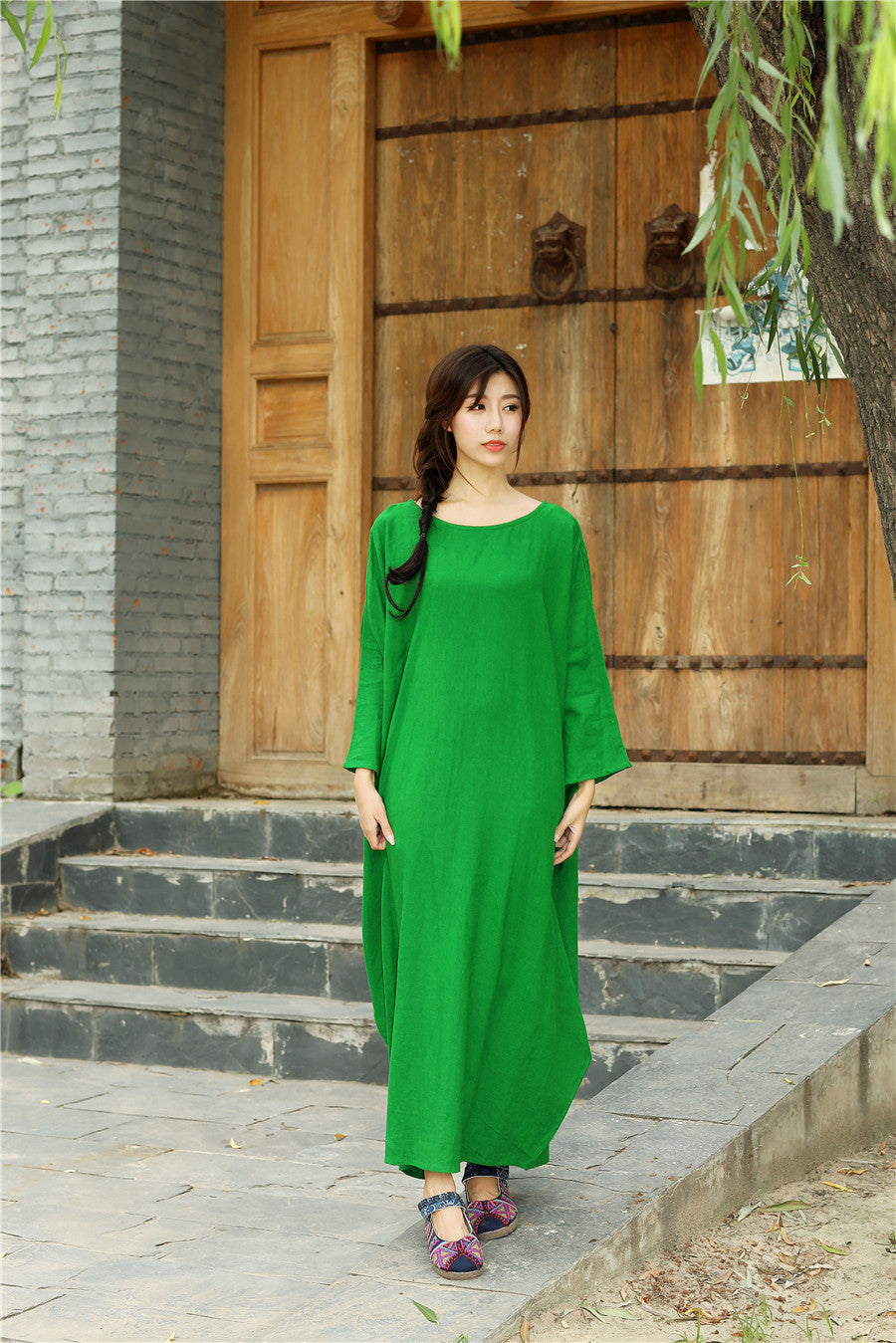 Women Eastern Style Ankle Length Butterfly Type Linen and Cotton Dress Green Women Eastern Style Ankle Length Butterfly Type Linen and Cotton Dress Green