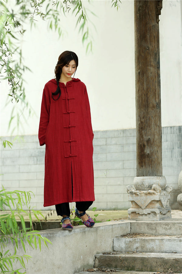 Women Simple Pure Color Linen and Cotton Witch Style Coat Hoodie