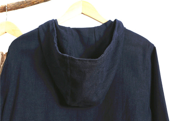 Women Simple Pure Color Linen and Cotton Witch Style Coat Hoodie