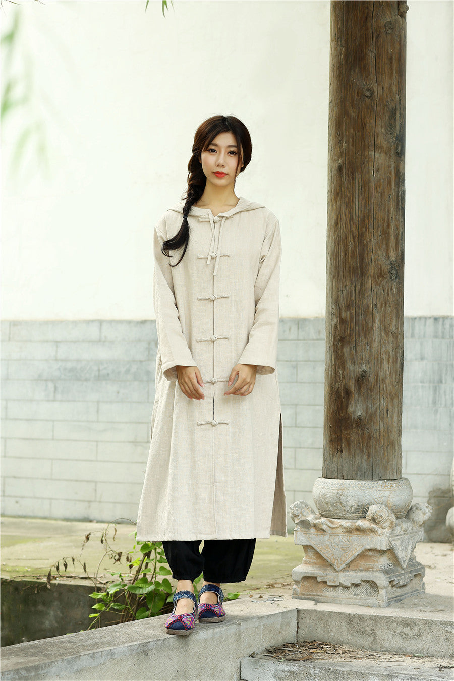 Women Simple Pure Color Linen and Cotton Witch Style Coat Hoodie