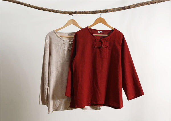 Women Chinese Traditional Style Round Neck Long Sleeve HanfFu Zen Linen and Cotton Top