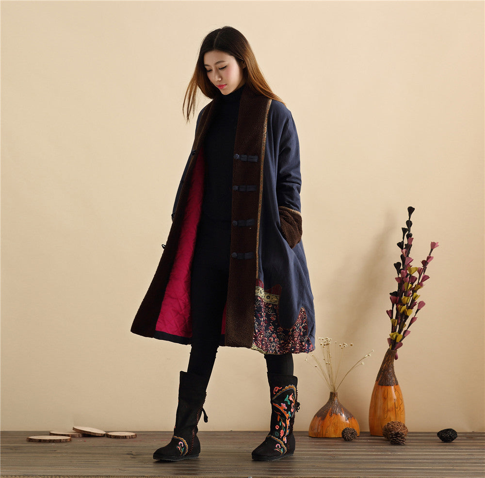 Women Retro Style Long Loose Linen and Cotton Quilted Coat