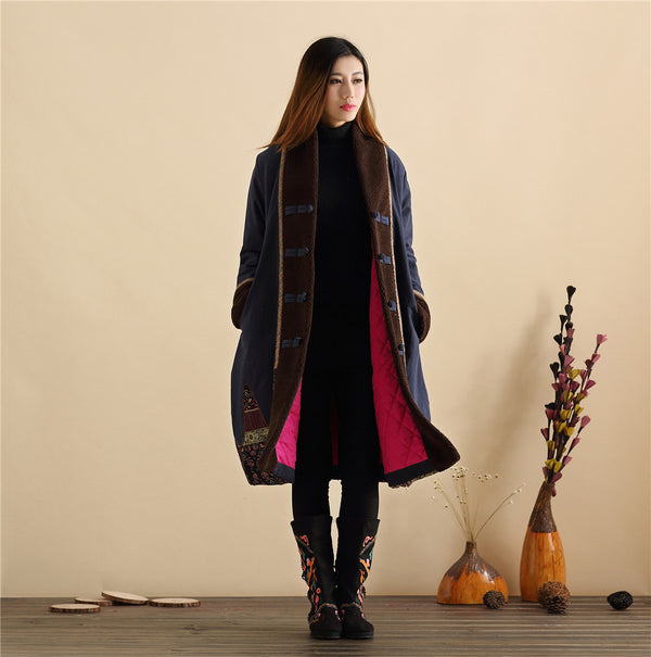 Women Retro Style Long Loose Linen and Cotton Quilted Coat