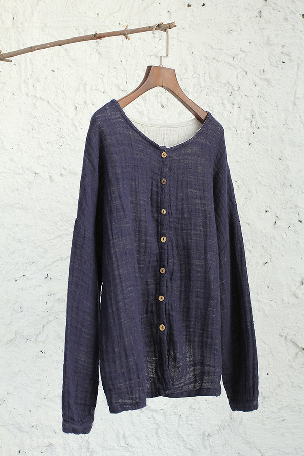 Women Loose Long-Sleeve Double-layer Linen and Cotton Cardigan Shirt