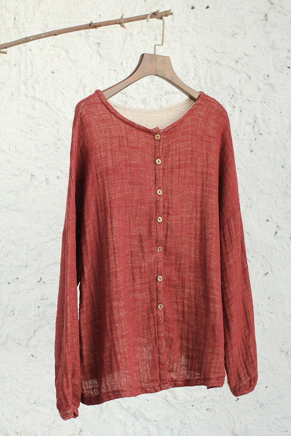 Women Loose Long-Sleeve Double-layer Linen and Cotton Cardigan Shirt