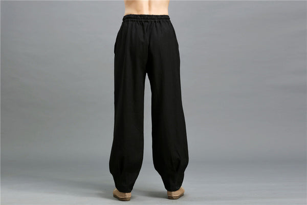 Men Casual Pure Color Loose Cotton and Linen Chinese Style KungFu Pants