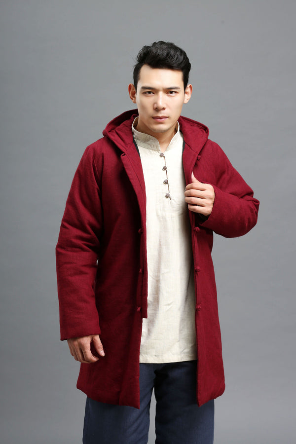 Men Simple Pure Color Style Linen and Cotton Middle Length Quilted Jacket