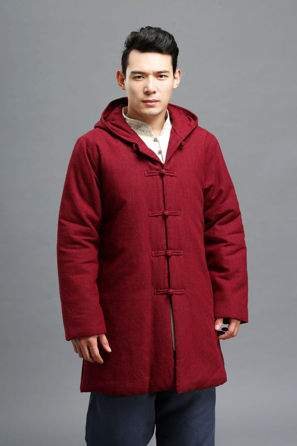 Men Simple Pure Color Style Linen and Cotton Middle Length Quilted Jacket