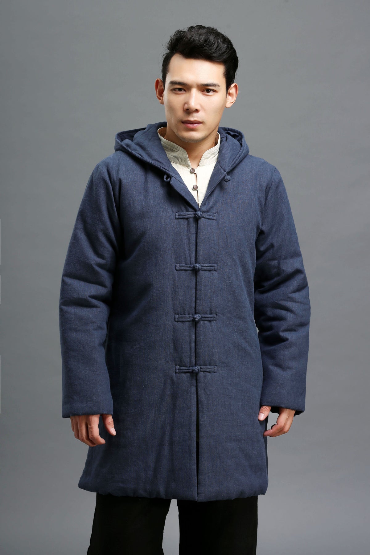 Men Simple Pure Color Style Linen and Cotton Middle Length Quilted Jacket