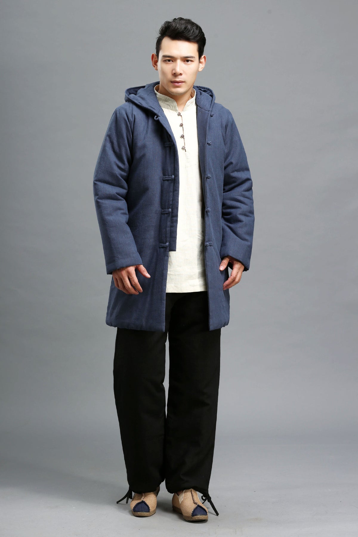Men Simple Pure Color Style Linen and Cotton Middle Length Quilted Jacket
