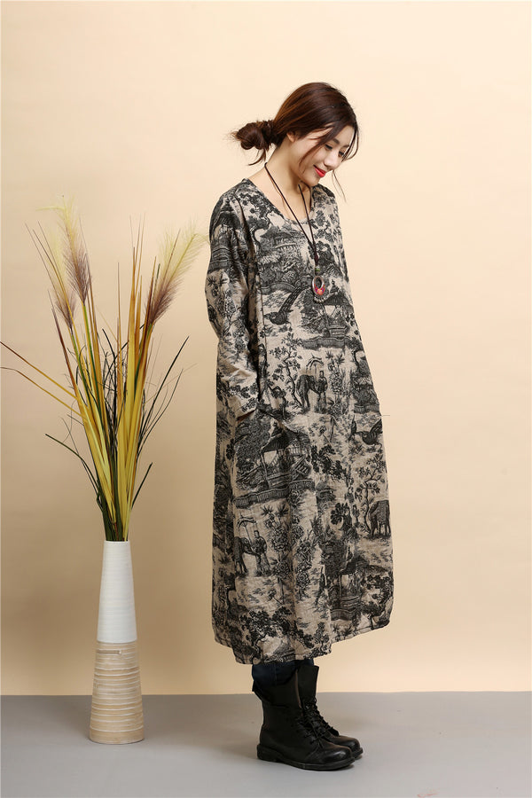 Women linen and cotton dress – Hanfu Tyle Landscape Printed Dress