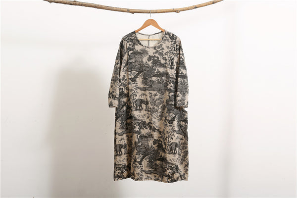 Women linen and cotton dress – Hanfu Tyle Landscape Printed Dress