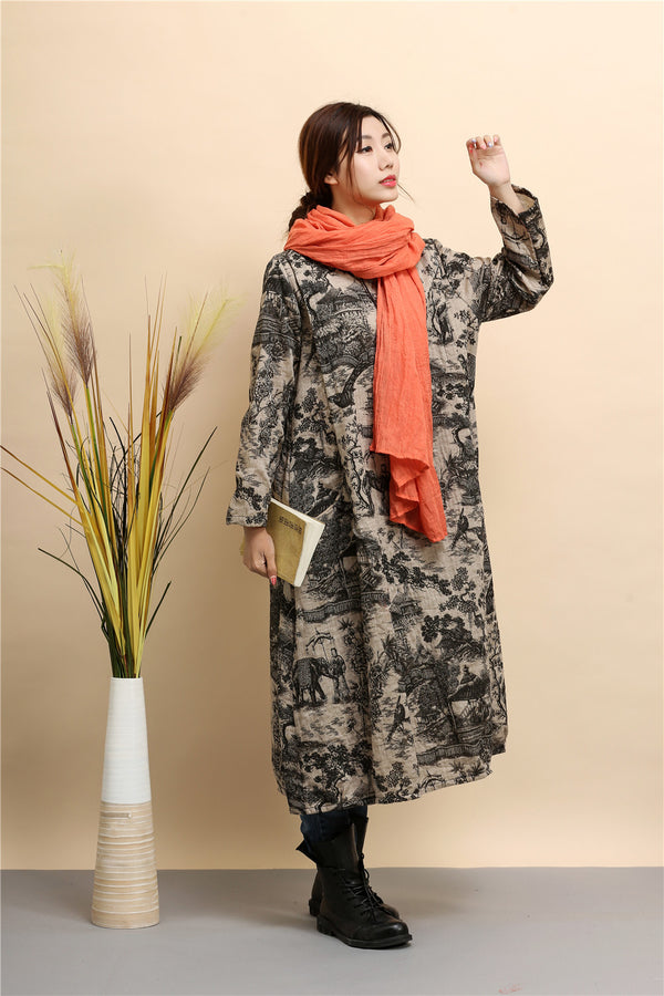 Women linen and cotton dress – Hanfu Tyle Landscape Printed Dress