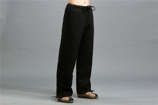 Men Casual Pure Color Cotton and Linen Loose KungFu Quilted Pants | Leg Opening with Elastic Band