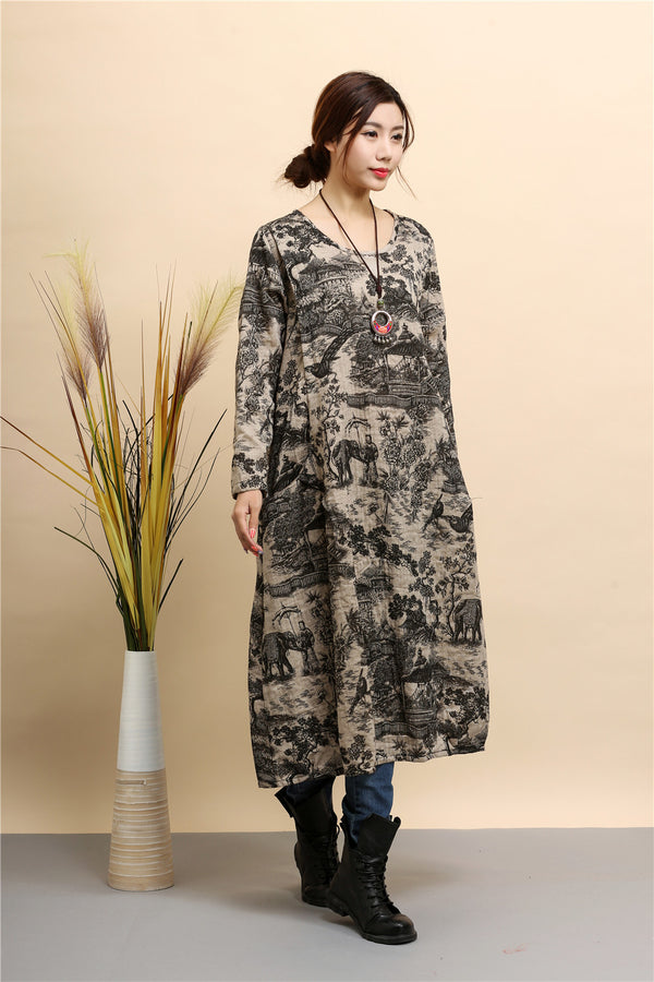 Women linen and cotton dress – Hanfu Tyle Landscape Printed Dress