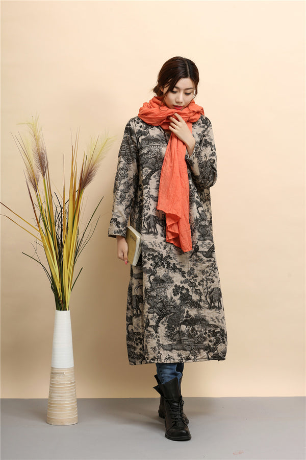 Women linen and cotton dress – Hanfu Tyle Landscape Printed Dress