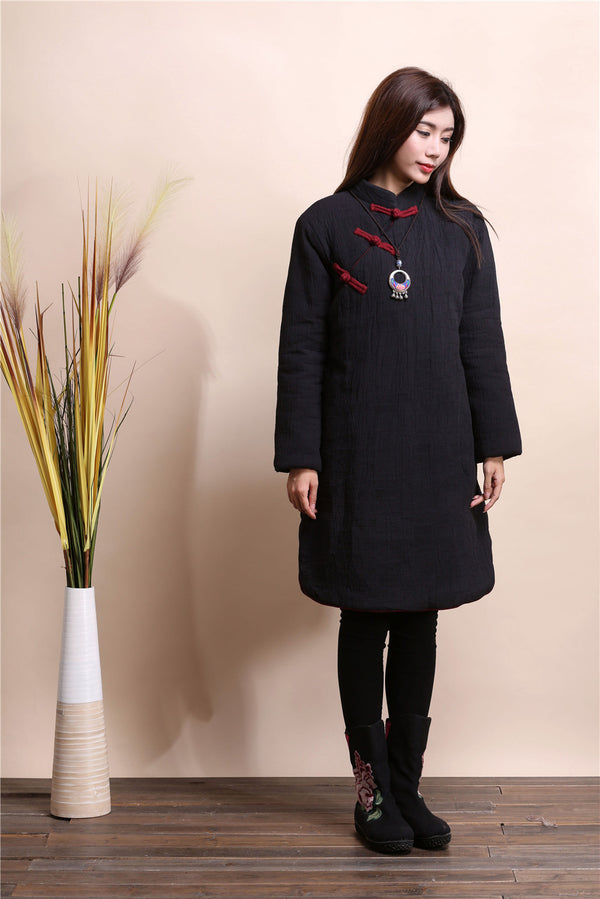 Women Asian Style Middle Length Diagonal Buckle Linen and Cotton Quilted Dress