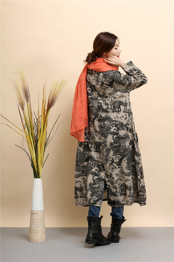 Women linen and cotton dress – Hanfu Tyle Landscape Printed Dress