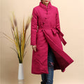Women Asian Style Diagonal Buckle Long Length Linen and Cotton Quilted Coat