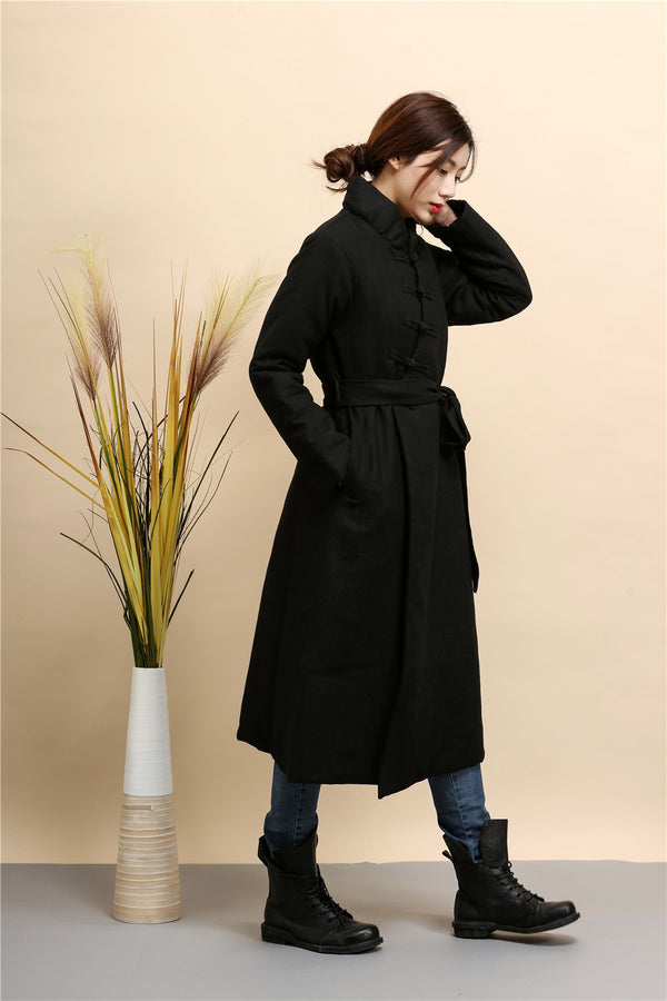 Women Asian Style Diagonal Buckle Long Length Linen and Cotton Quilted Coat