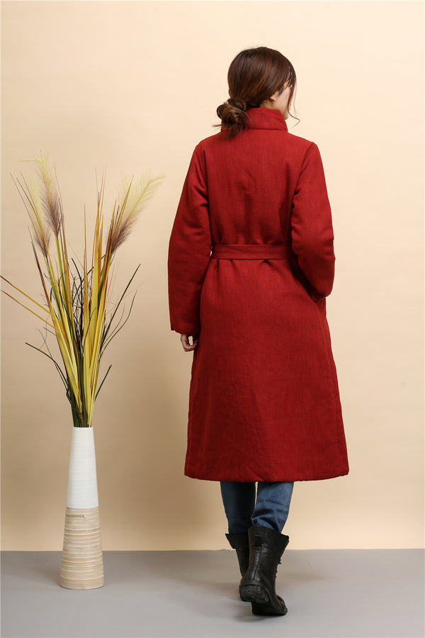 Women Asian Style Diagonal Buckle Long Length Linen and Cotton Quilted Coat