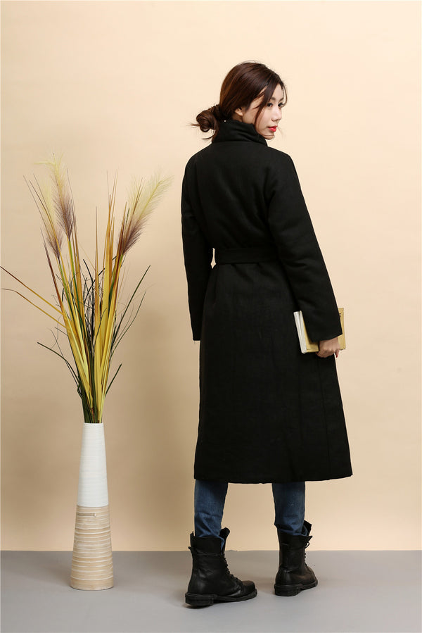 Women Asian Style Diagonal Buckle Long Length Linen and Cotton Quilted Coat