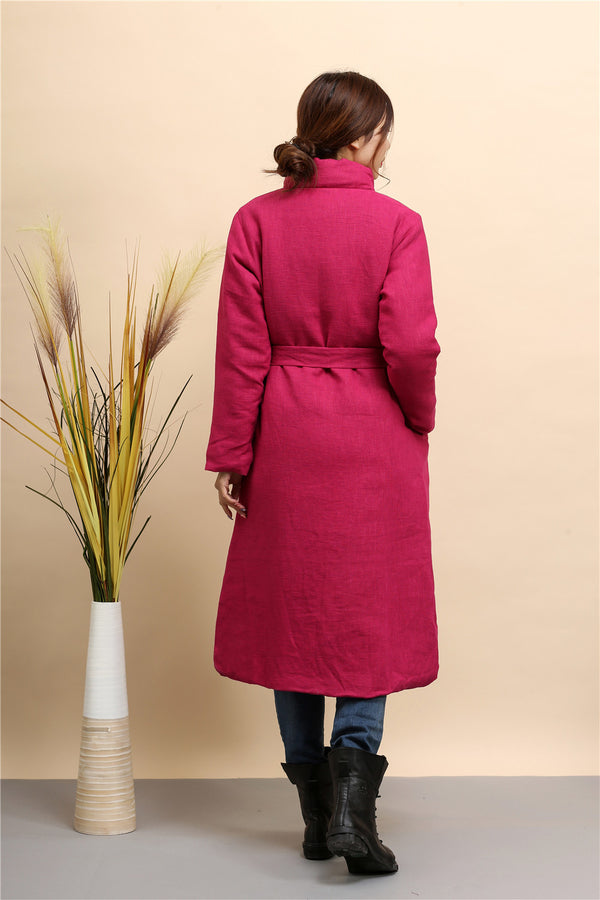 Women Asian Style Diagonal Buckle Long Length Linen and Cotton Quilted Coat
