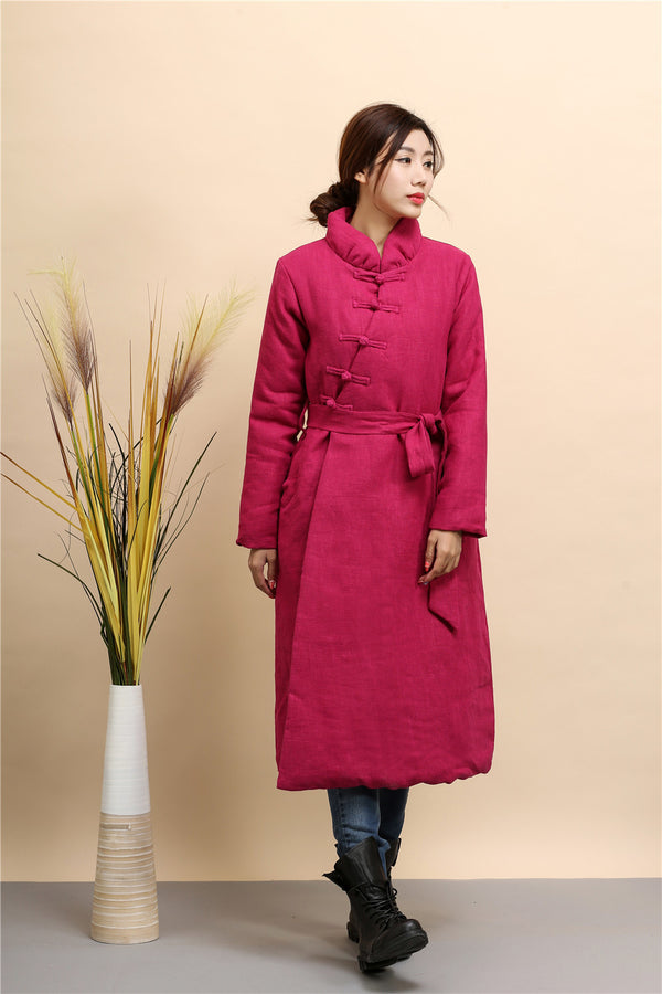 Women Asian Style Diagonal Buckle Long Length Linen and Cotton Quilted Coat