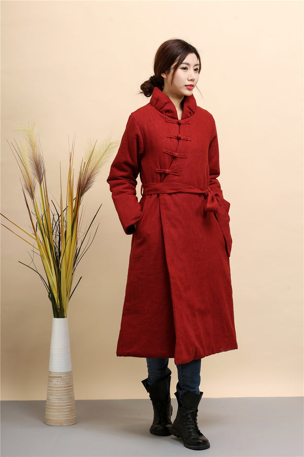 Women Asian Style Diagonal Buckle Long Length Linen and Cotton Quilted Coat