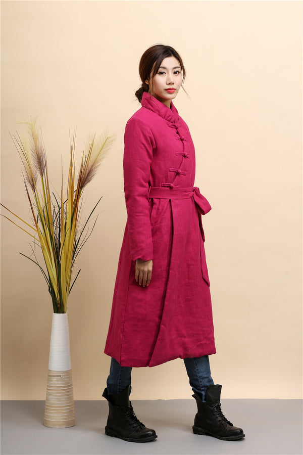 Women Asian Style Diagonal Buckle Long Length Linen and Cotton Quilted Coat