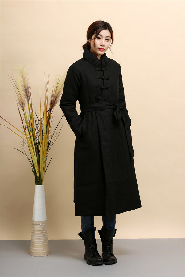 Women Asian Style Diagonal Buckle Long Length Linen and Cotton Quilted Coat