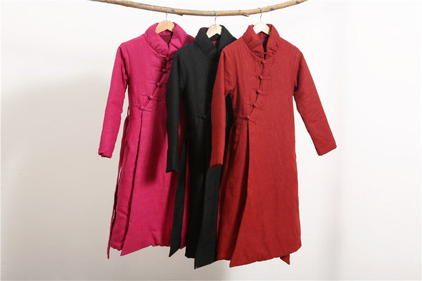 Women Asian Style Diagonal Buckle Long Length Linen and Cotton Quilted Coat