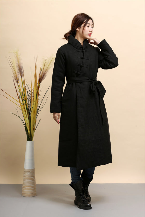 Women Asian Style Diagonal Buckle Long Length Linen and Cotton Quilted Coat